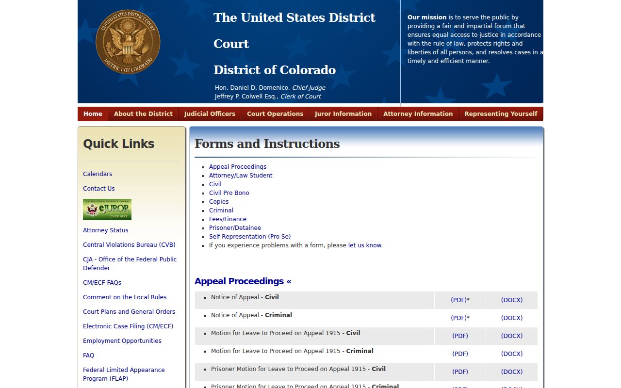Akron federal court docket forms from the District of Colorado