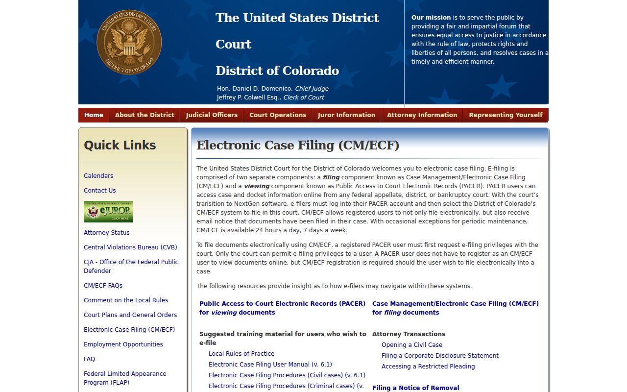 Otis federal court docket filing access through District of Colorado CM ECF