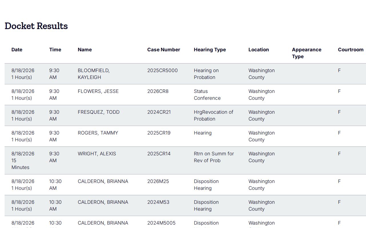 Washington County court calendar printable hearing results