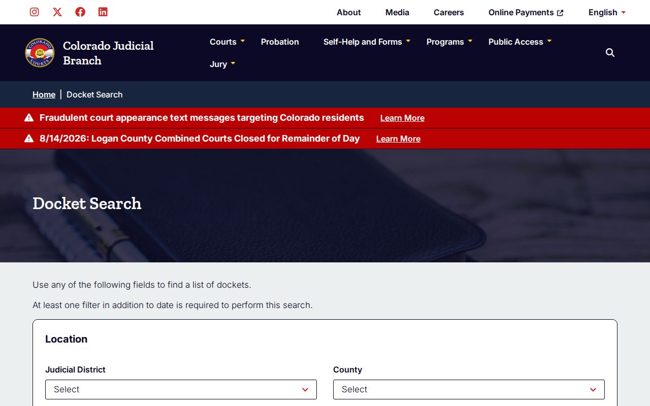 Washington County case lookup fields in Colorado Docket Search