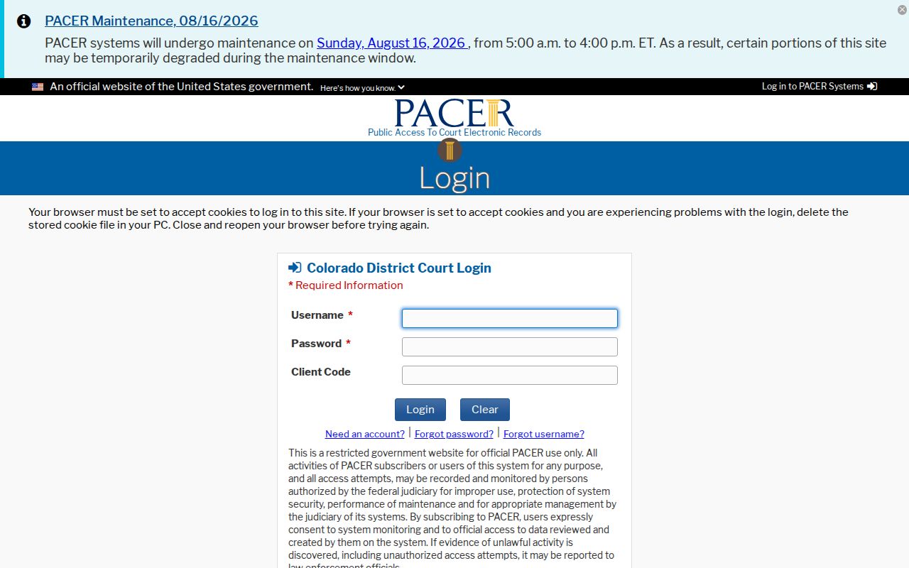 Washington County federal case lookup in District of Colorado PACER