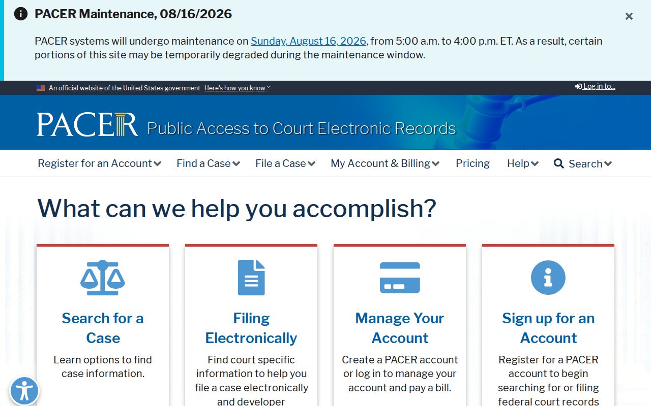 Washington County federal case lookup through the PACER portal