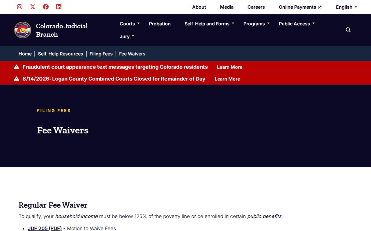 Washington County civil docket fee waiver resources