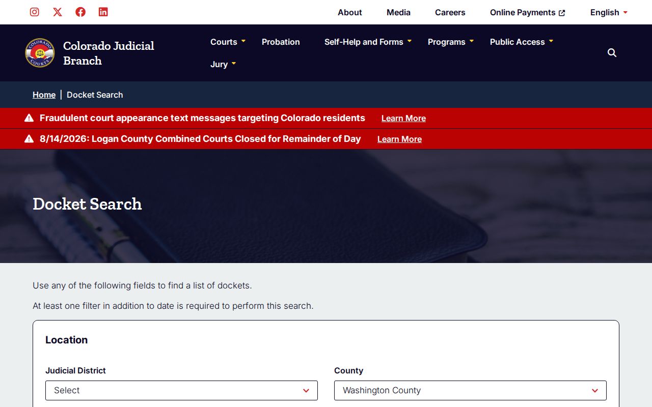 Washington County criminal docket filtered search interface